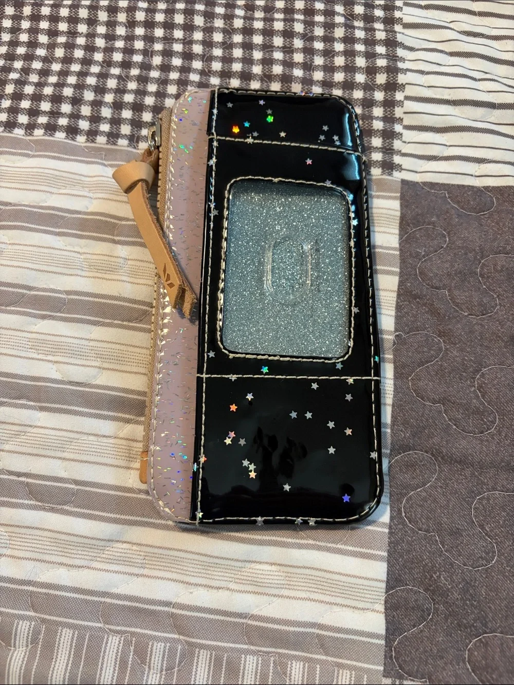Consuela Black Patent Star Accent Phone Wristlet with Beige Strap